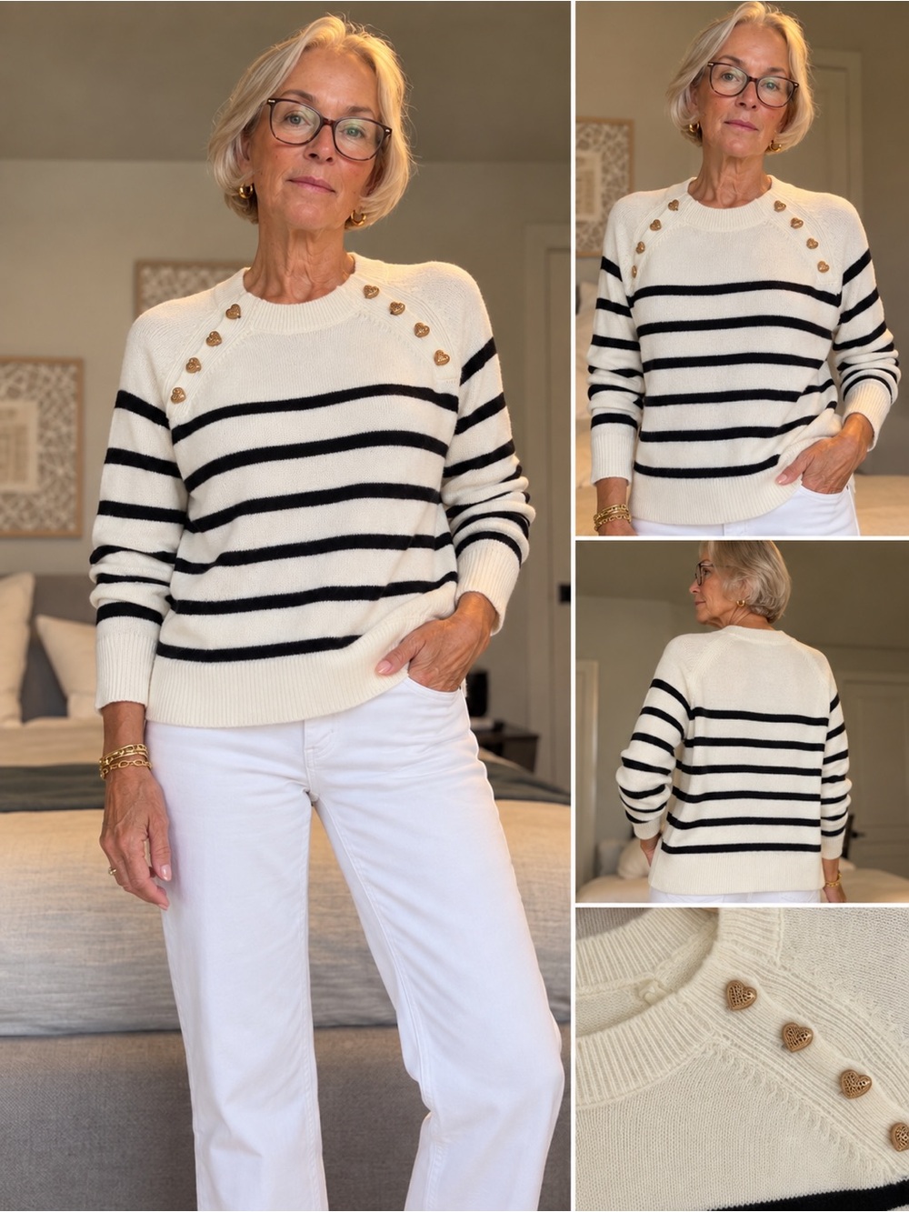 Source Unknown Cream & Black Striped Crew Sweater with Gold Heart Buttons